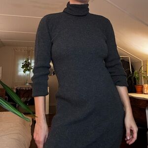 Vintage Charcoal Ribbed Knit Sweater Dress
Turtleneck Wool Midi Long Sleeve Tube